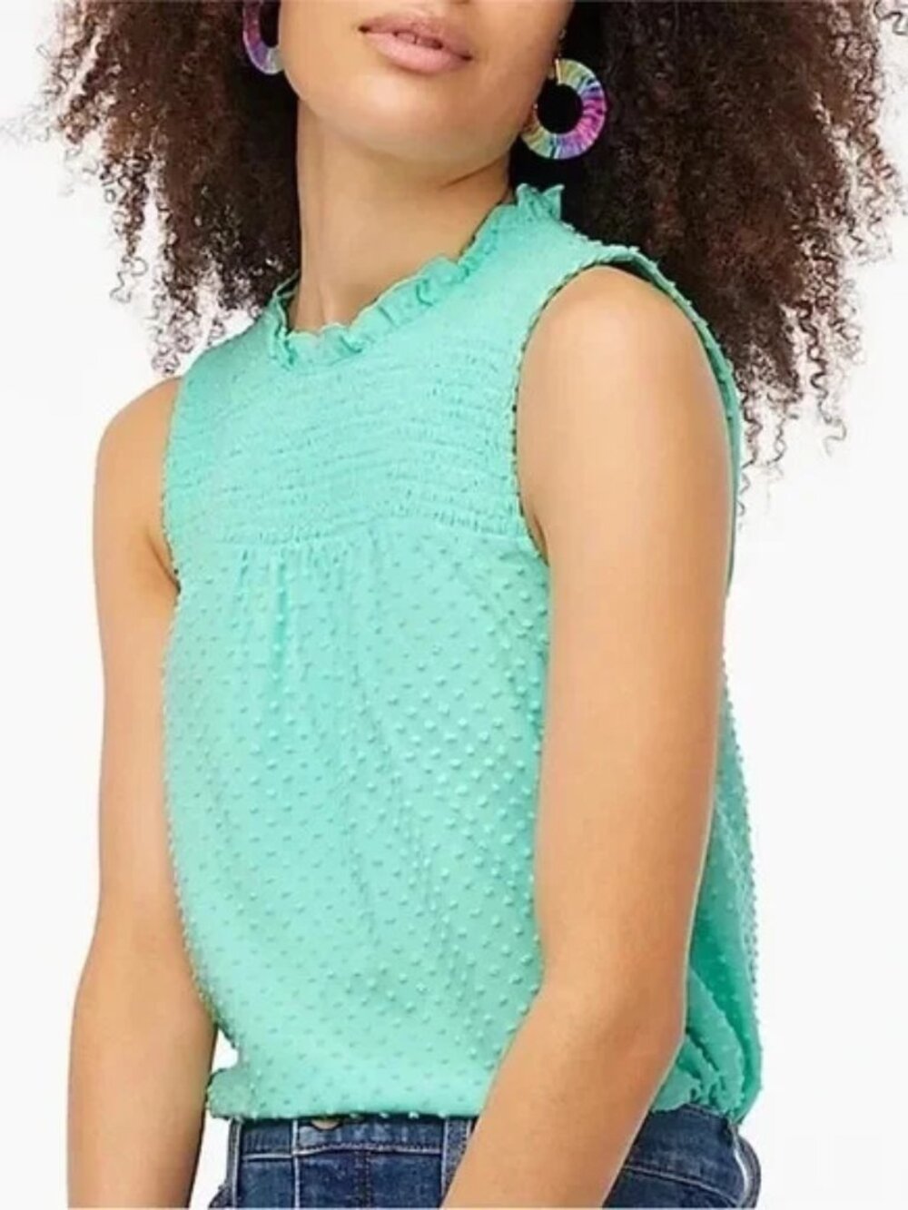 J.Crew Smocked Clip-Dot Ruffle Neckline Tank Top in Fresh Spearmint Womens L